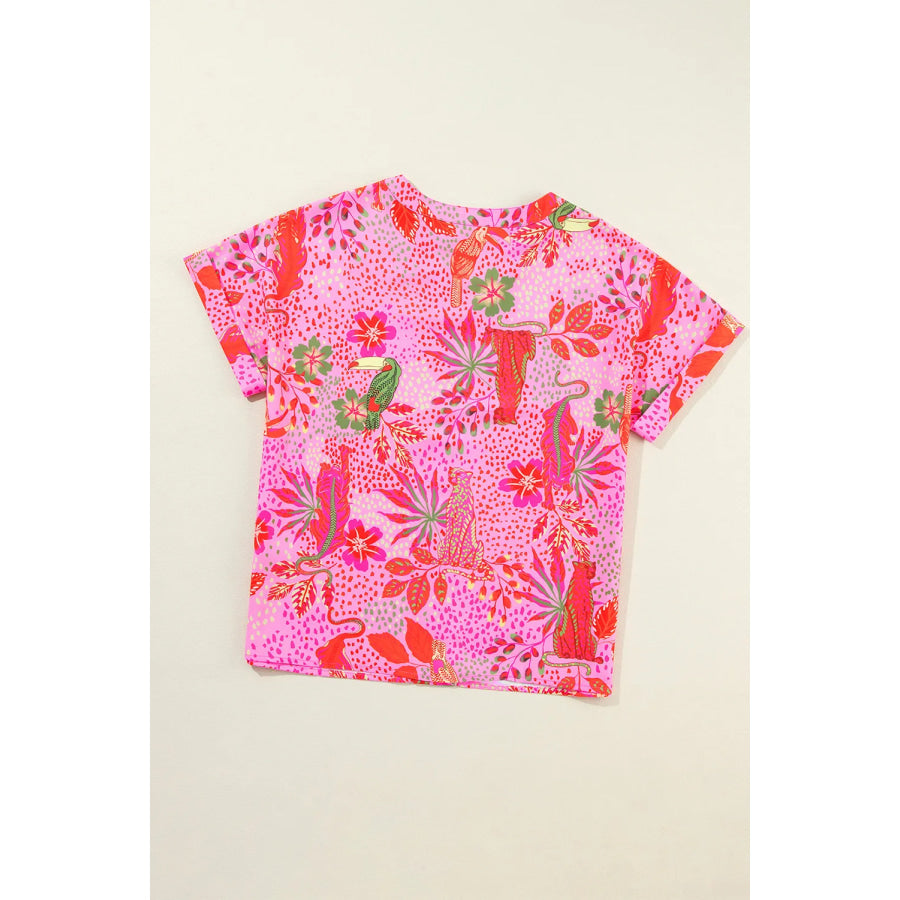 Printed Notched Short Sleeve Top Apparel and Accessories