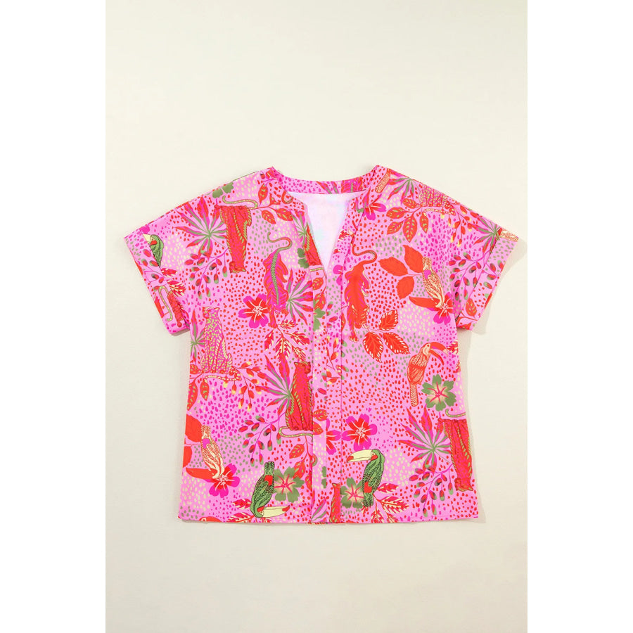 Printed Notched Short Sleeve Top Apparel and Accessories