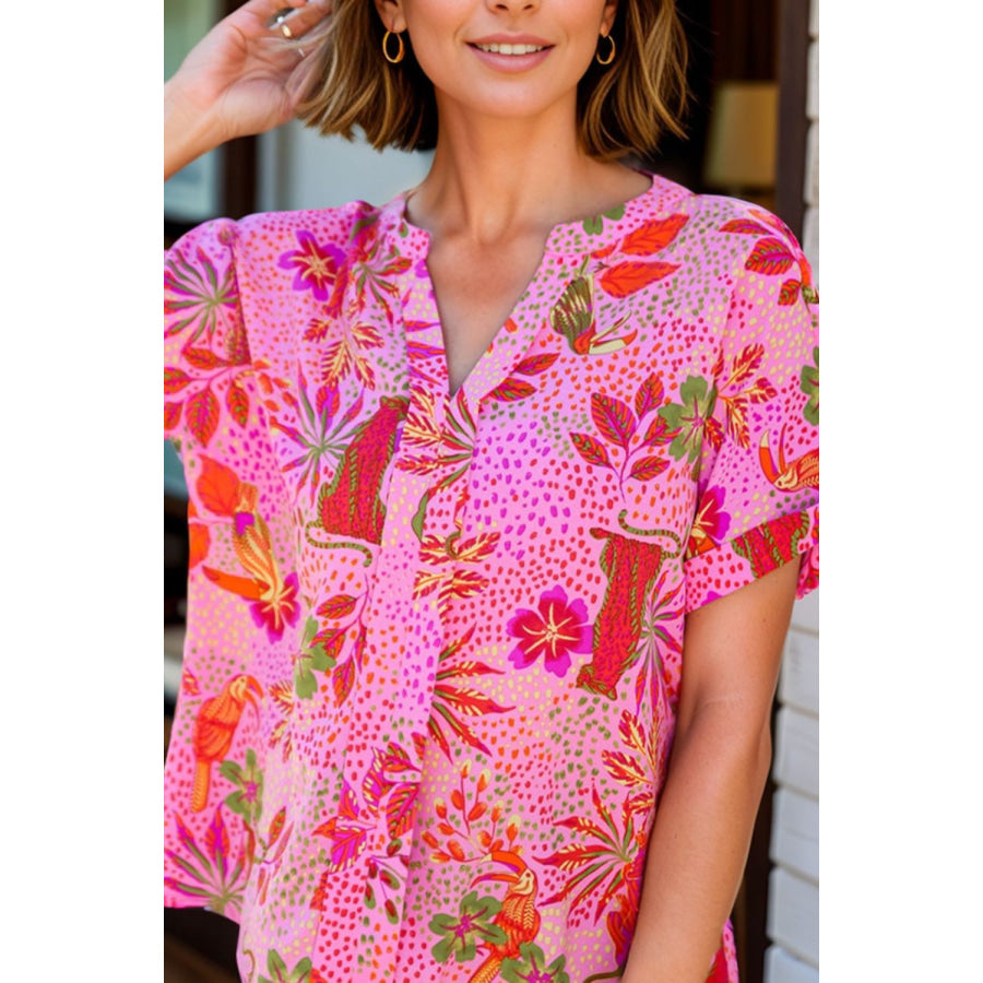 Printed Notched Short Sleeve Top Fuchsia Pink / S Apparel and Accessories