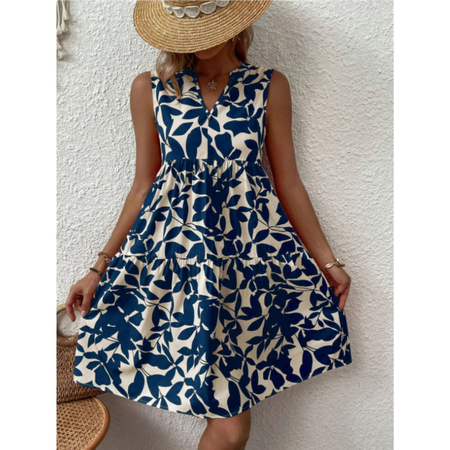 Printed Notched Sleeveless Mini Dress Apparel and Accessories