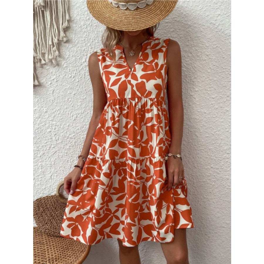 Printed Notched Sleeveless Mini Dress Apparel and Accessories