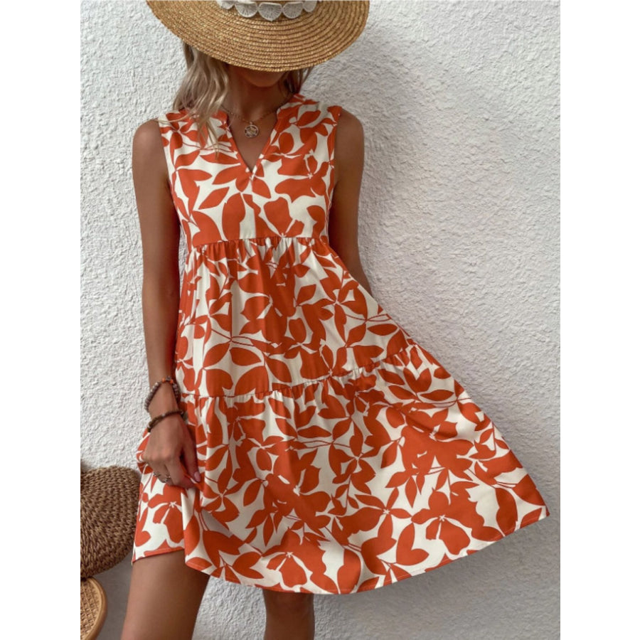 Printed Notched Sleeveless Mini Dress Apparel and Accessories