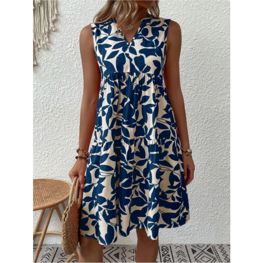 Printed Notched Sleeveless Mini Dress Apparel and Accessories