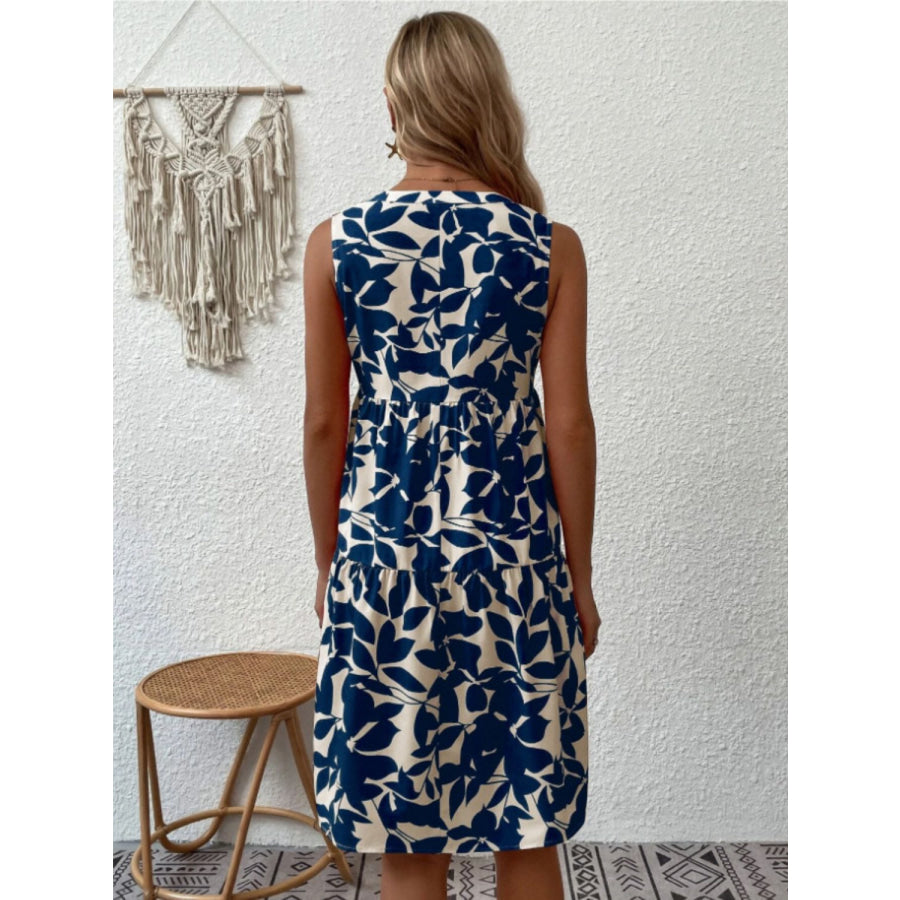 Printed Notched Sleeveless Mini Dress Dark Blue / S Apparel and Accessories