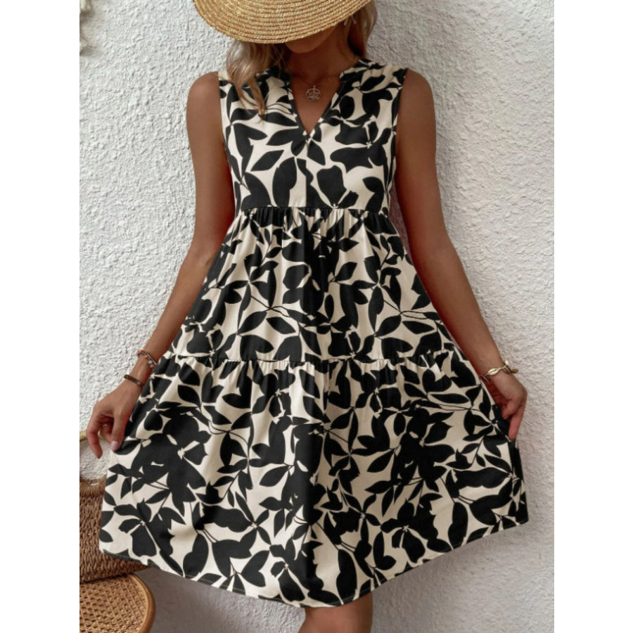 Printed Notched Sleeveless Mini Dress Apparel and Accessories