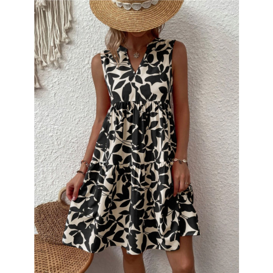 Printed Notched Sleeveless Mini Dress Apparel and Accessories