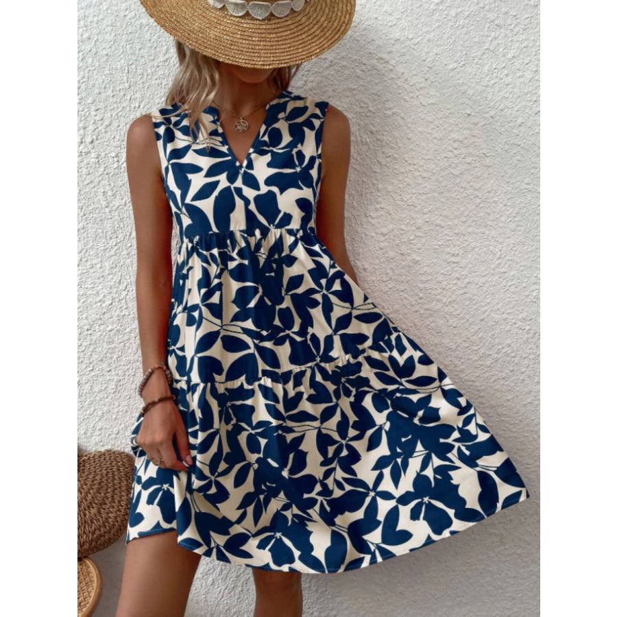 Printed Notched Sleeveless Mini Dress Apparel and Accessories