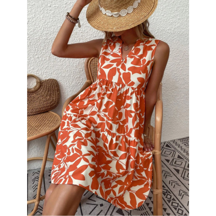 Printed Notched Sleeveless Mini Dress Apparel and Accessories