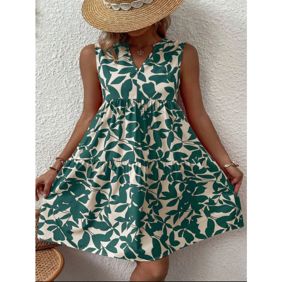 Printed Notched Sleeveless Mini Dress Apparel and Accessories