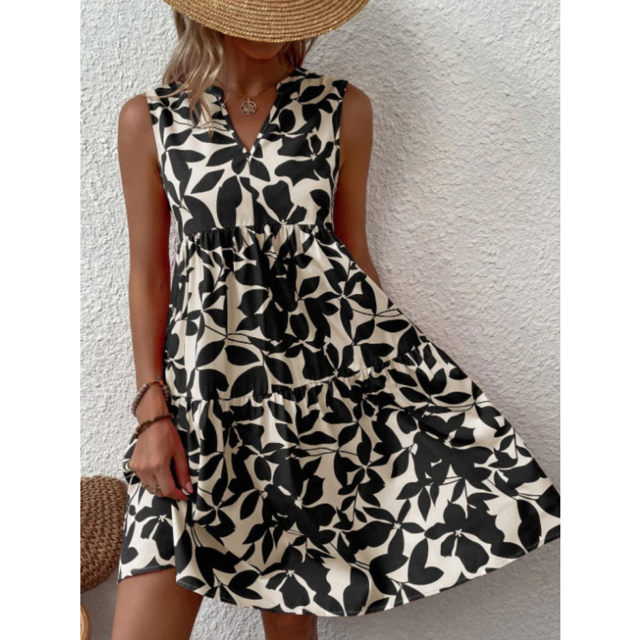 Printed Notched Sleeveless Mini Dress Black / S Apparel and Accessories