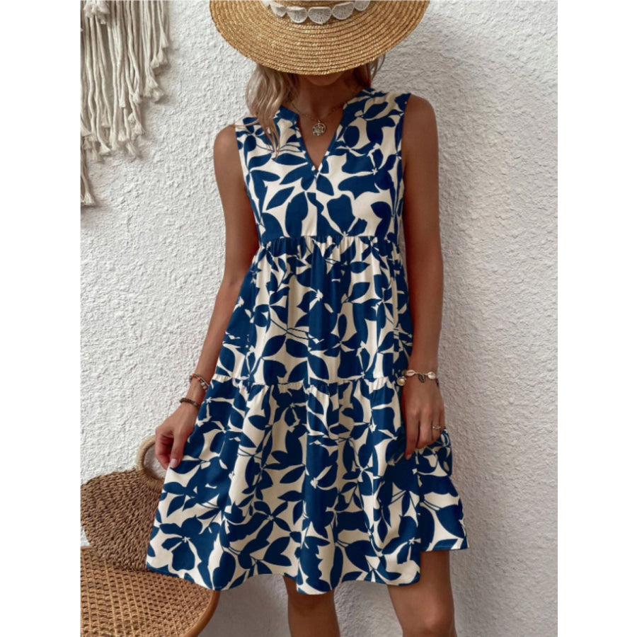 Printed Notched Sleeveless Mini Dress Dark Blue / S Apparel and Accessories