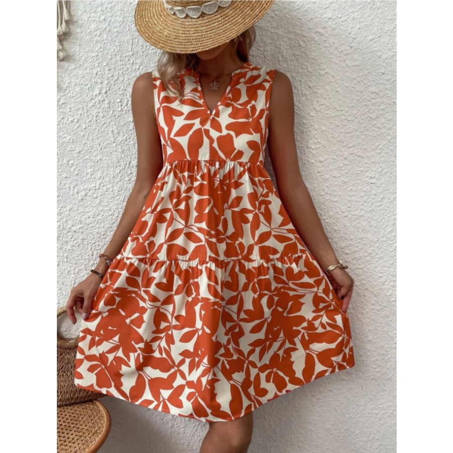 Printed Notched Sleeveless Mini Dress Orange / S Apparel and Accessories