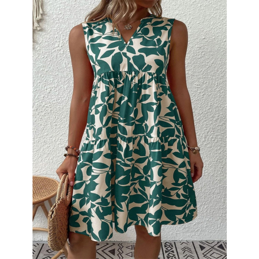 Printed Notched Sleeveless Mini Dress Turquoise / S Apparel and Accessories