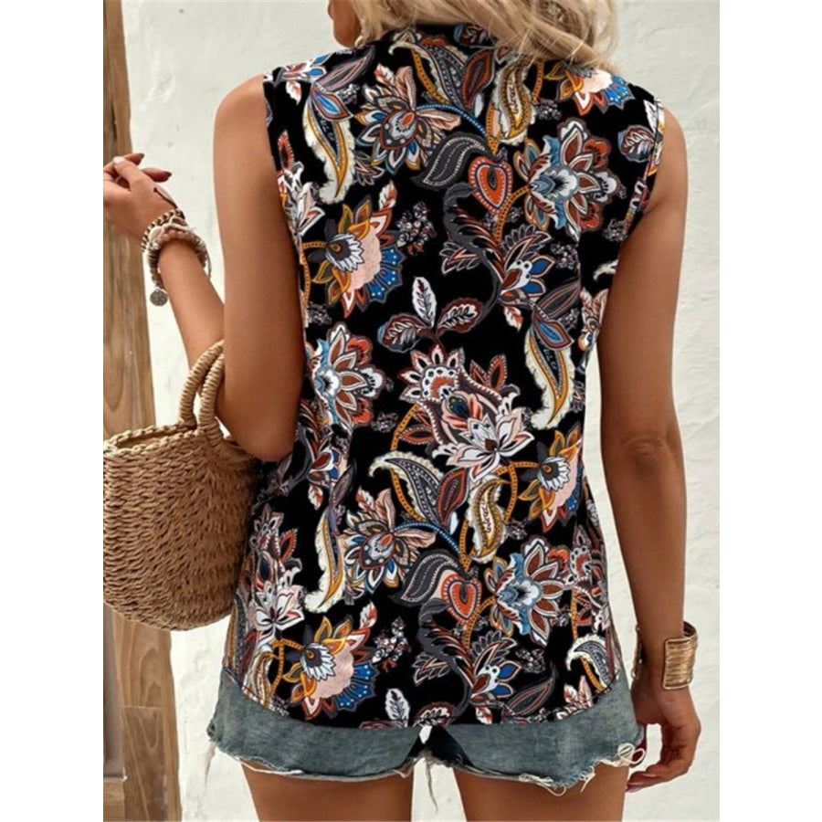 Printed Notched Sleeveless Top Apparel and Accessories
