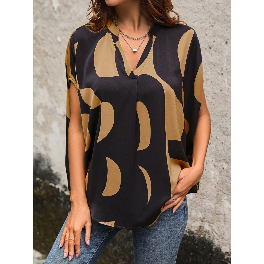 Printed Notched Slit Half Sleeve Blouse Apparel and Accessories