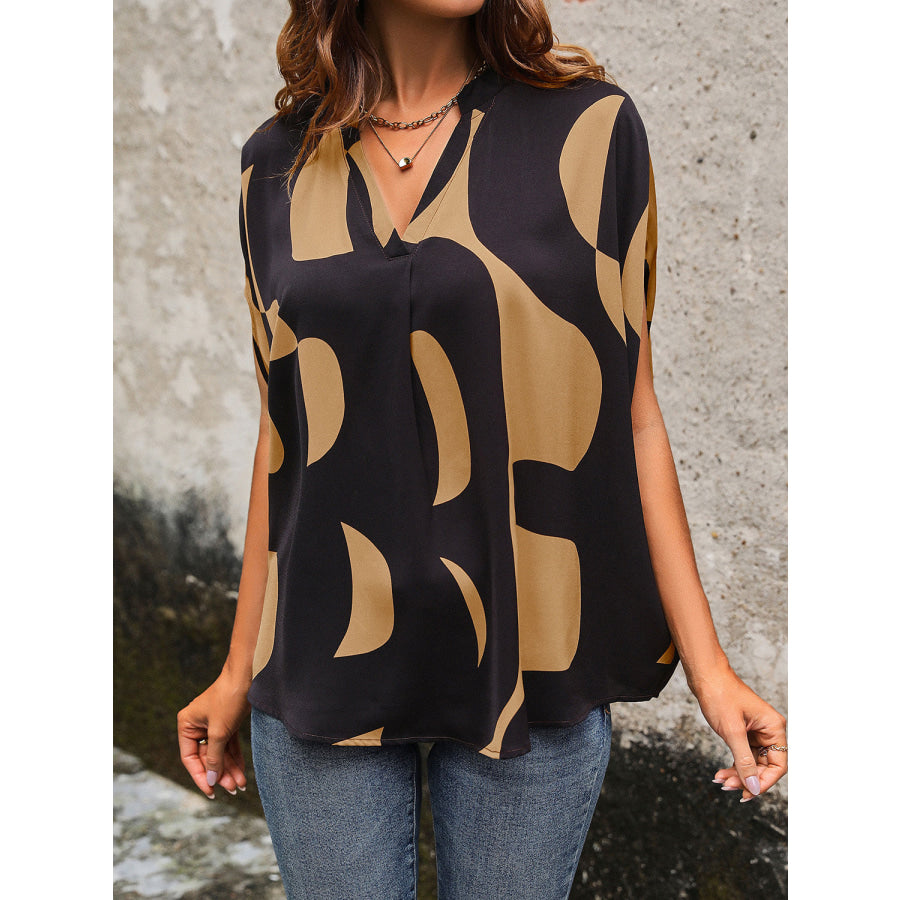 Printed Notched Slit Half Sleeve Blouse Apparel and Accessories