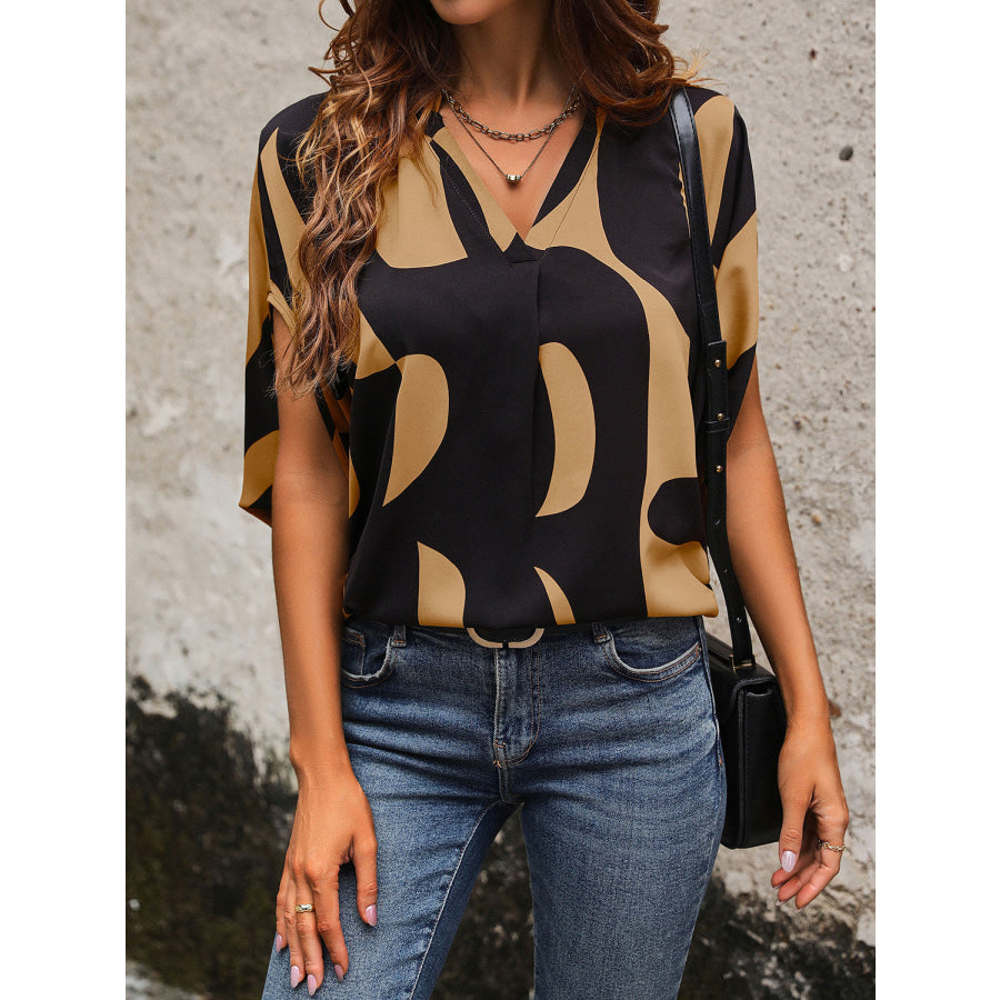 Printed Notched Slit Half Sleeve Blouse Apparel and Accessories