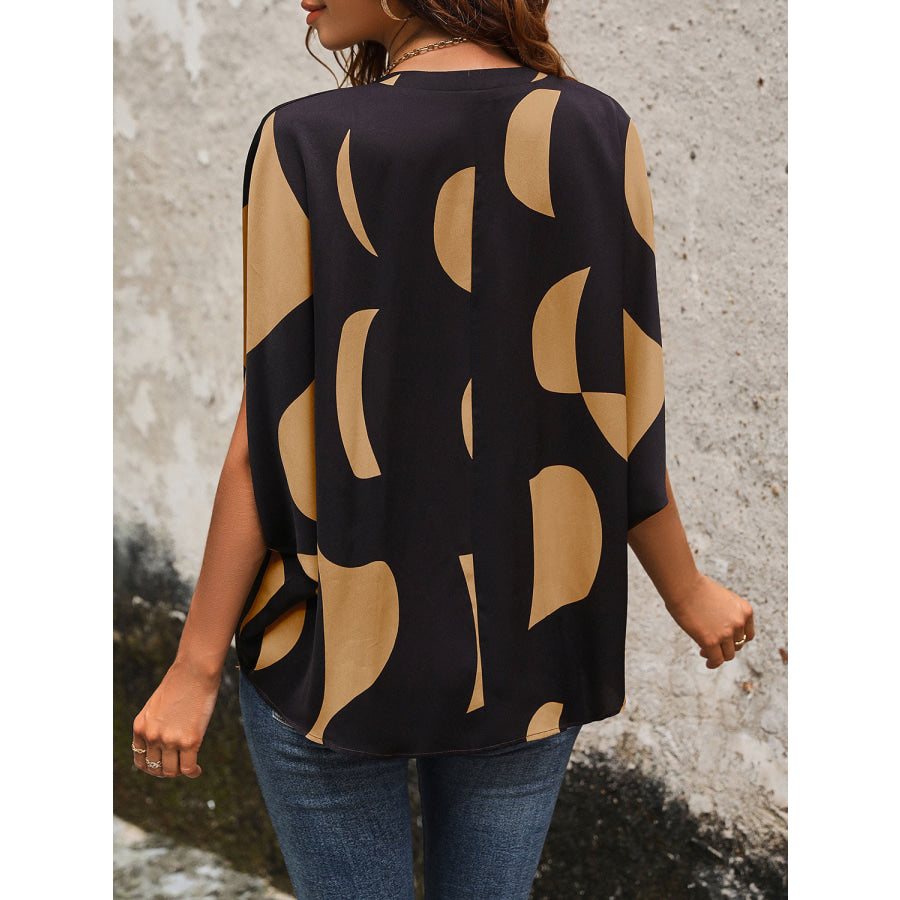 Printed Notched Slit Half Sleeve Blouse Apparel and Accessories