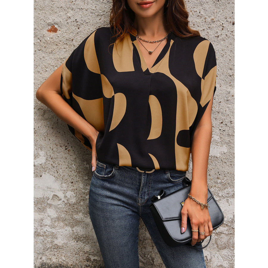 Printed Notched Slit Half Sleeve Blouse Black / S Apparel and Accessories