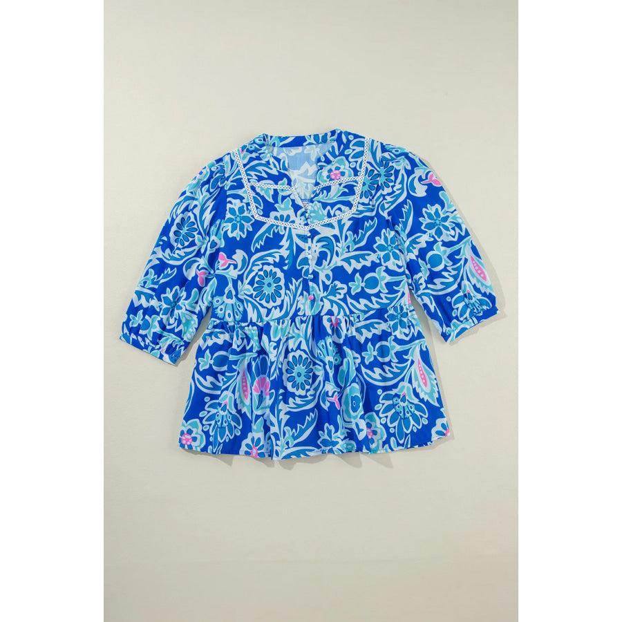 Printed Notched Three-Quarter Sleeve Blouse Apparel and Accessories