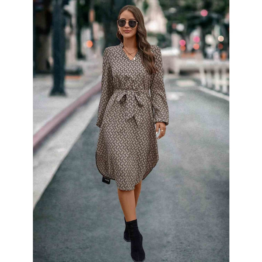 Printed Notched Tie Front Long Sleeve Dress Coffee Brown / S