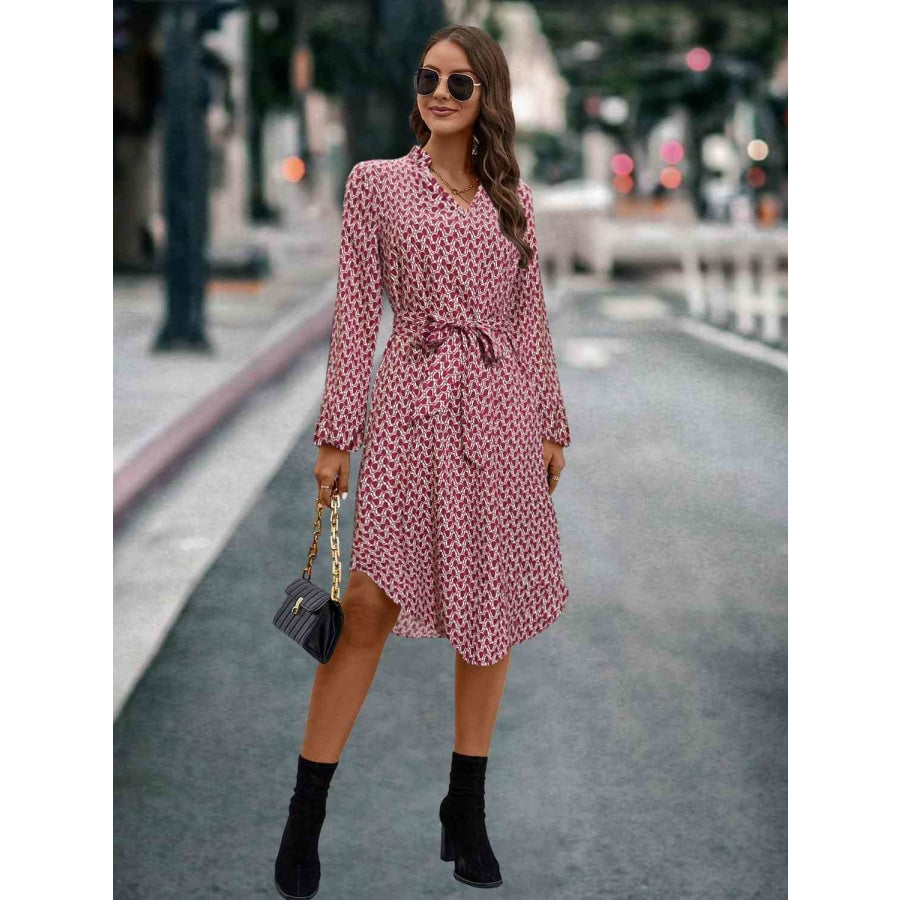 Printed Notched Tie Front Long Sleeve Dress Deep Red / S