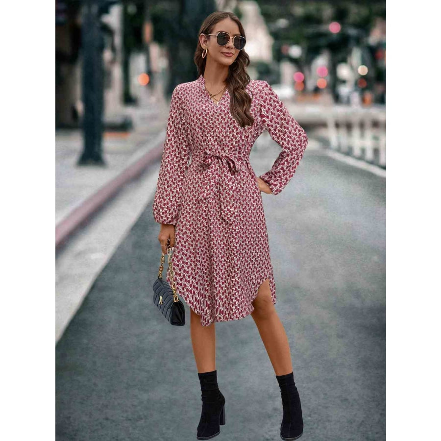 Printed Notched Tie Front Long Sleeve Dress