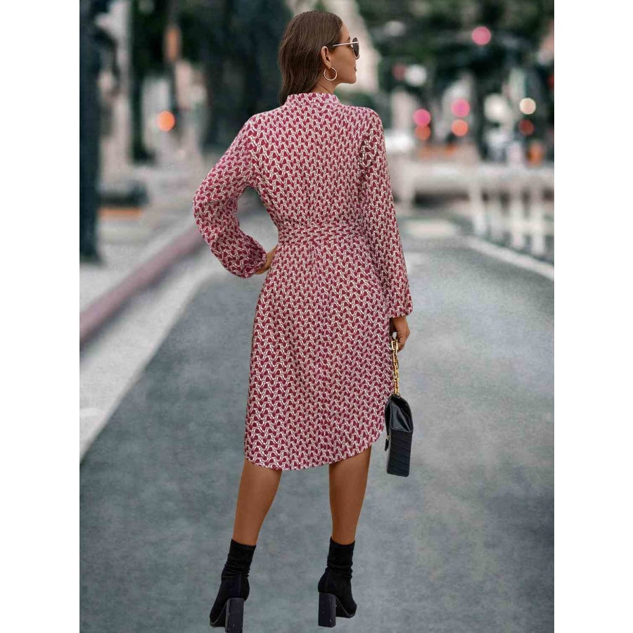 Printed Notched Tie Front Long Sleeve Dress