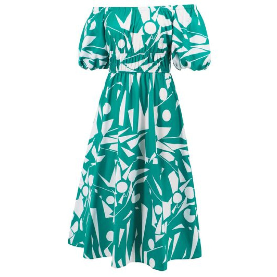 Printed Off - Shoulder Balloon Sleeve Dress Apparel and Accessories