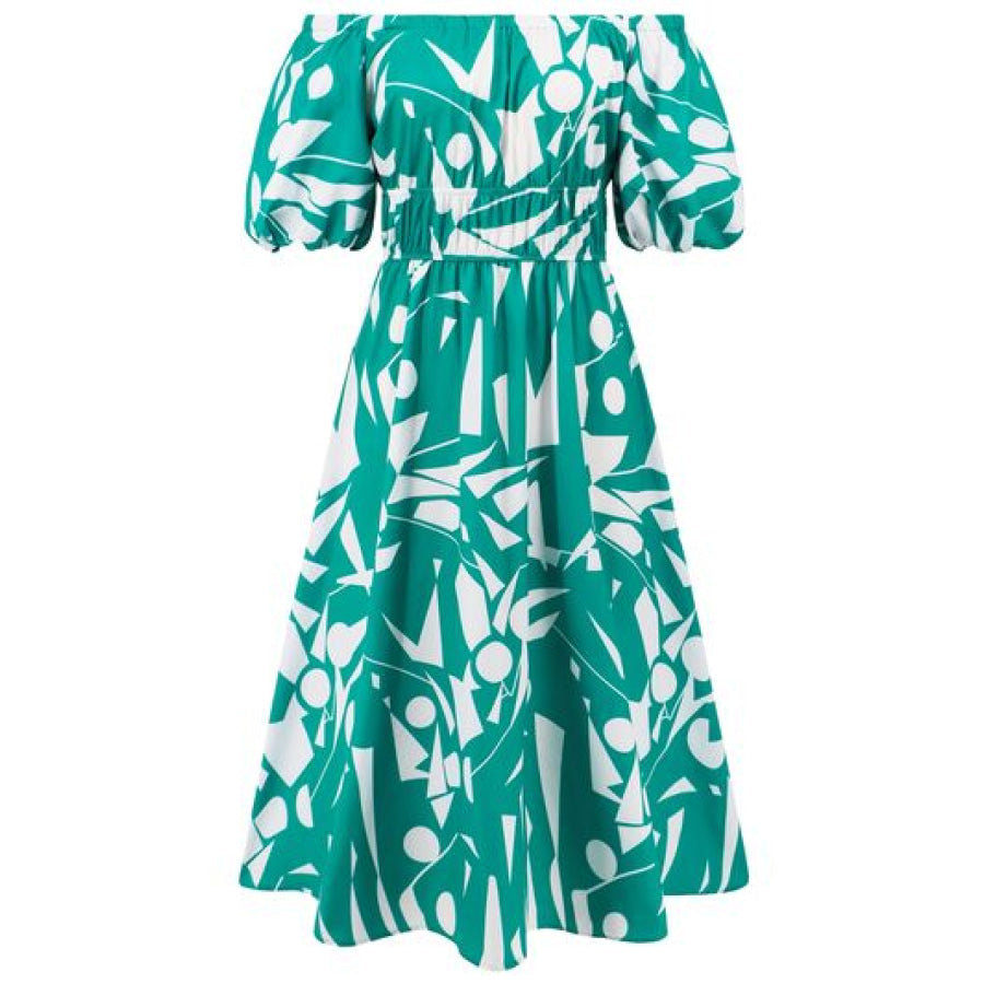 Printed Off - Shoulder Balloon Sleeve Dress Apparel and Accessories