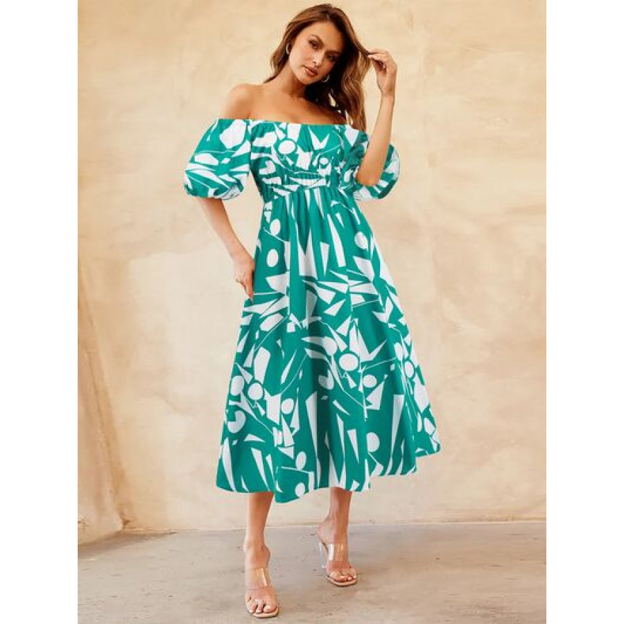 Printed Off - Shoulder Balloon Sleeve Dress Apparel and Accessories