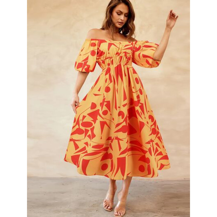 Printed Off - Shoulder Balloon Sleeve Dress Apparel and Accessories