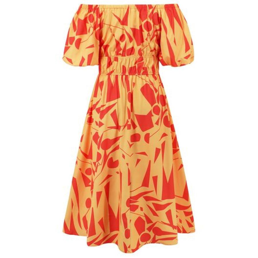 Printed Off - Shoulder Balloon Sleeve Dress Apparel and Accessories