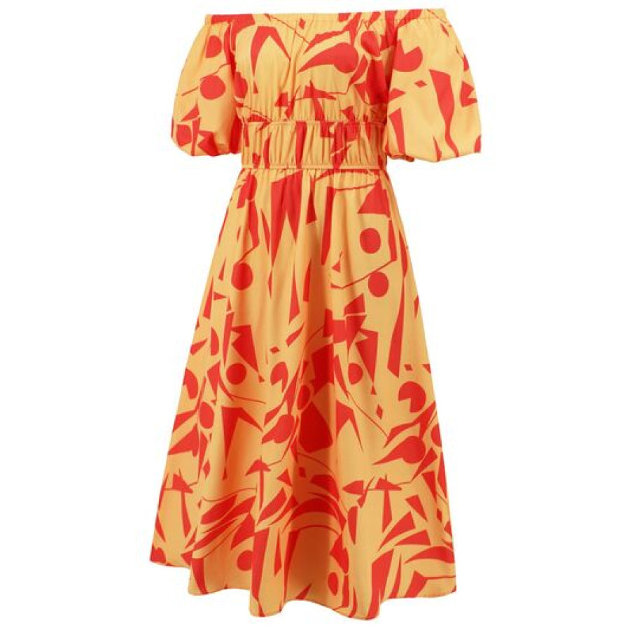 Printed Off - Shoulder Balloon Sleeve Dress Apparel and Accessories