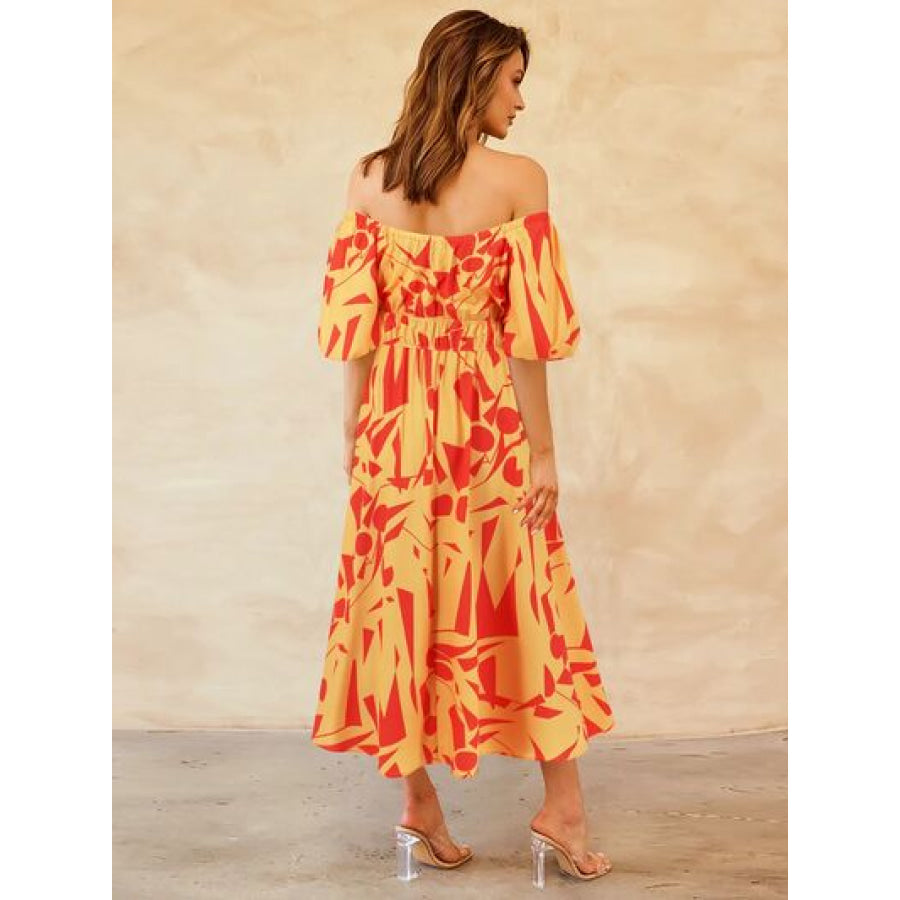 Printed Off - Shoulder Balloon Sleeve Dress Apparel and Accessories