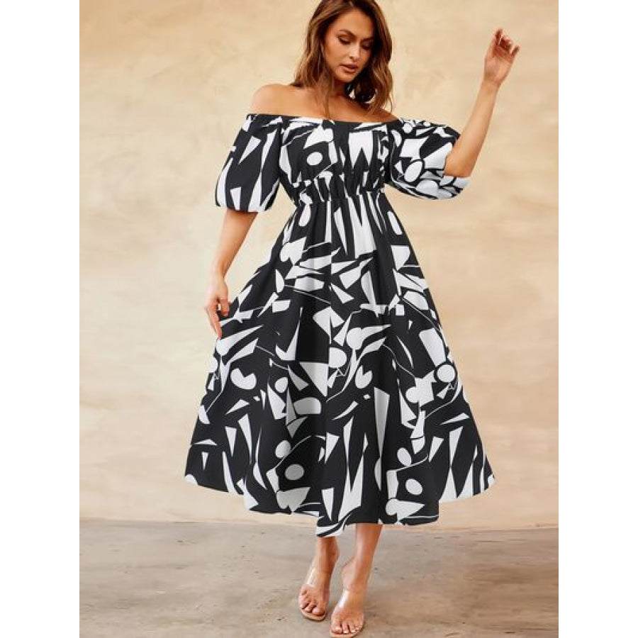 Printed Off - Shoulder Balloon Sleeve Dress Apparel and Accessories