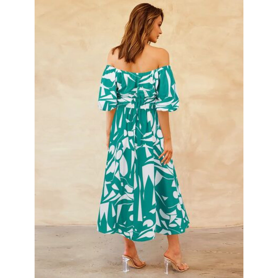 Printed Off - Shoulder Balloon Sleeve Dress Apparel and Accessories