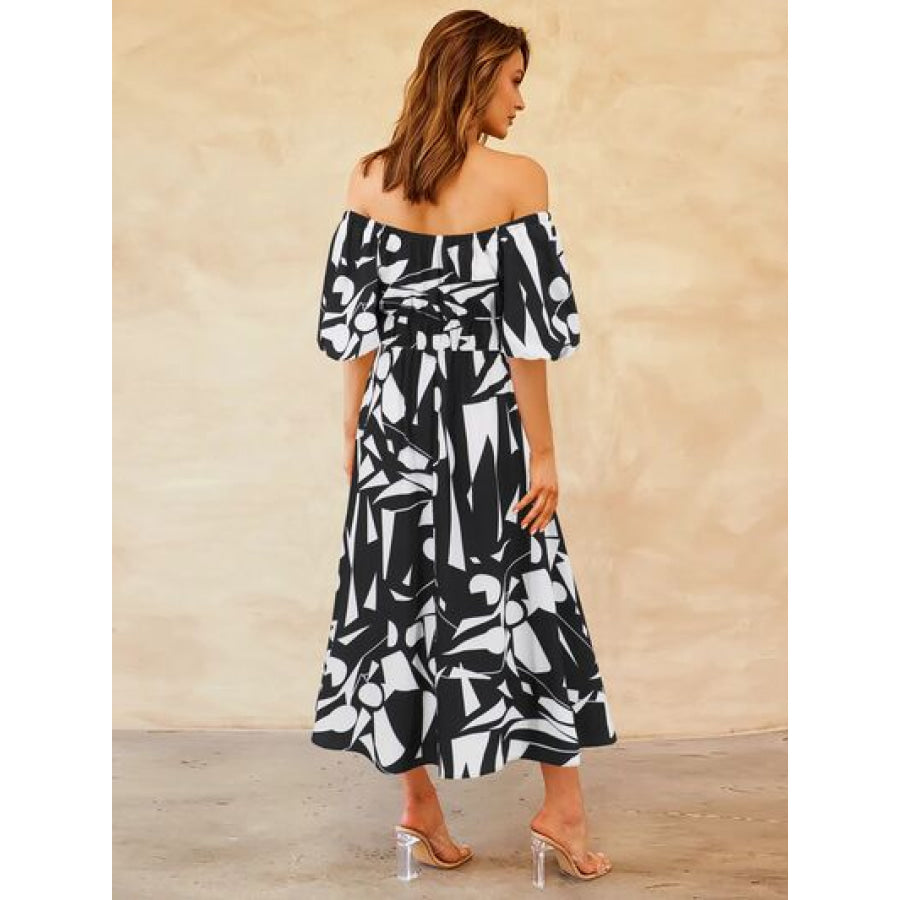 Printed Off - Shoulder Balloon Sleeve Dress Apparel and Accessories