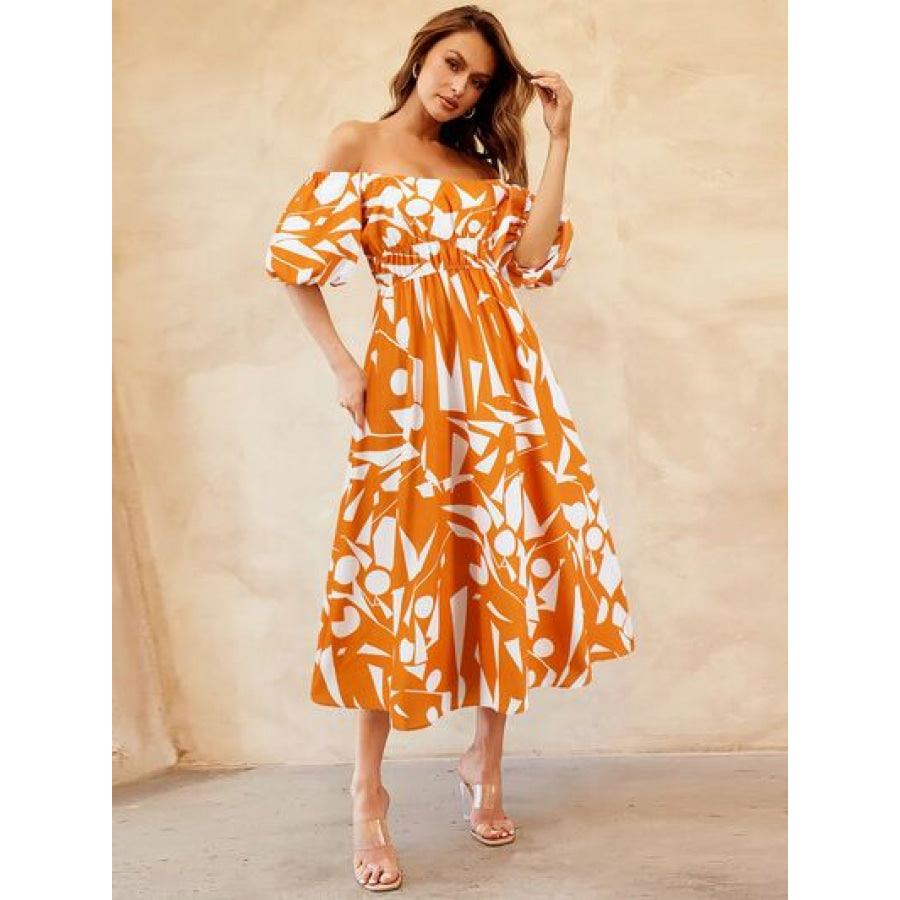 Printed Off - Shoulder Balloon Sleeve Dress Apparel and Accessories