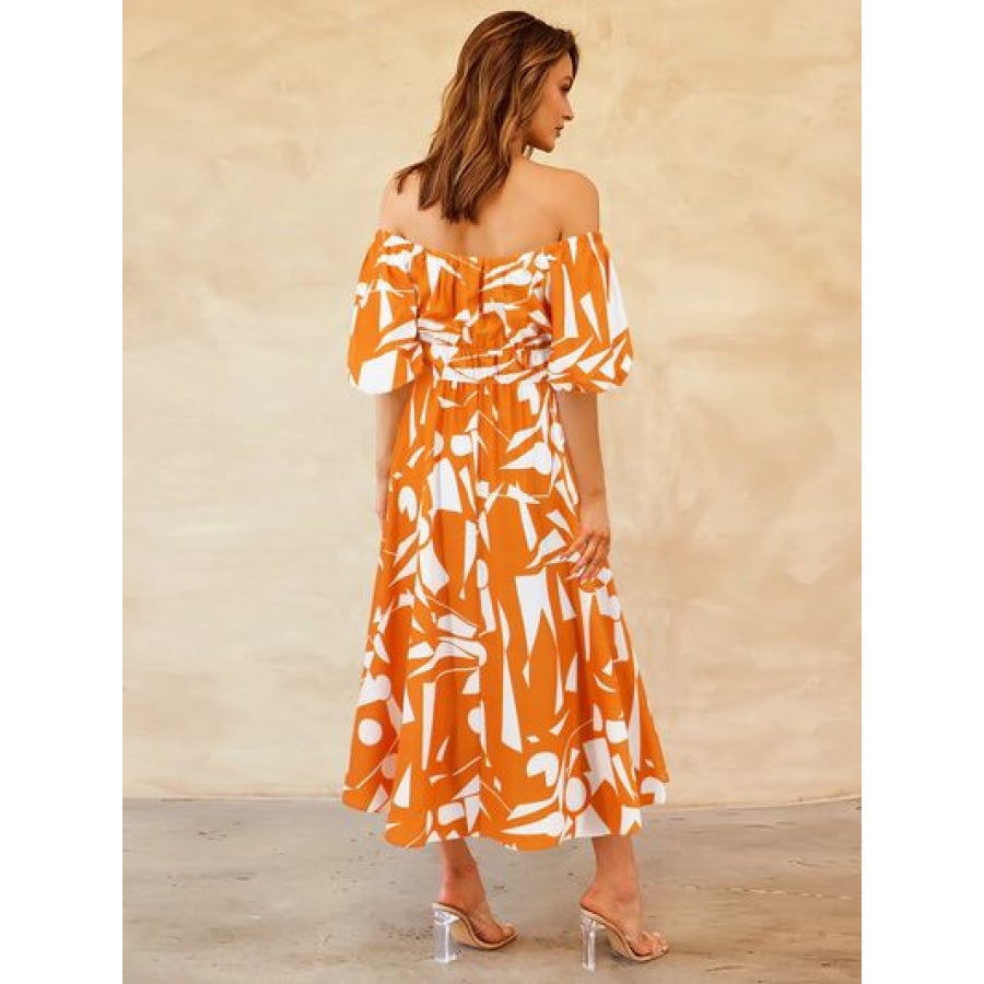 Printed Off - Shoulder Balloon Sleeve Dress Apparel and Accessories