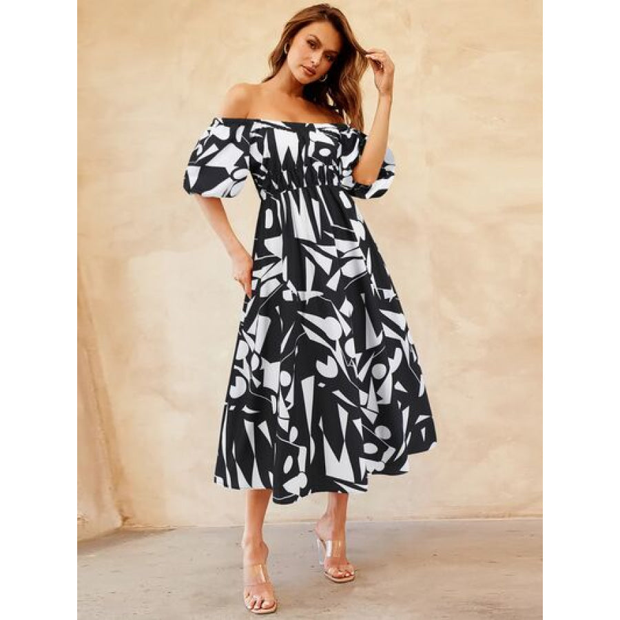 Printed Off - Shoulder Balloon Sleeve Dress Black / S Apparel and Accessories