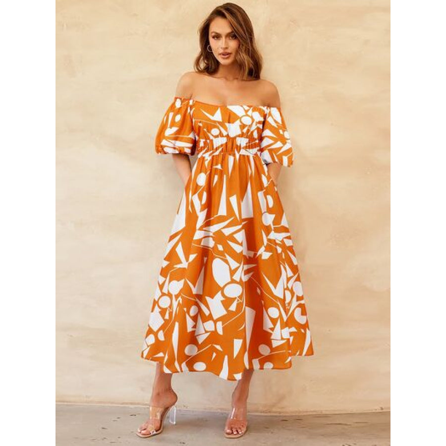 Printed Off - Shoulder Balloon Sleeve Dress Pumpkin / S Apparel and Accessories