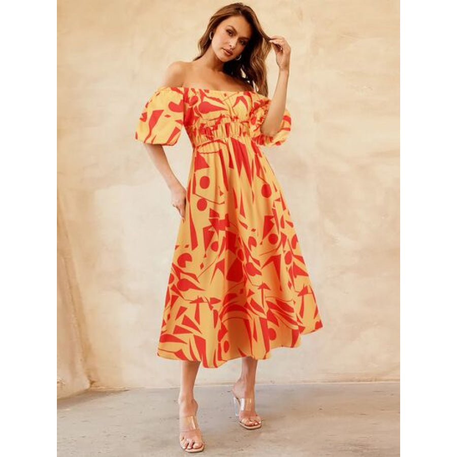 Printed Off - Shoulder Balloon Sleeve Dress Red Orange / S Apparel and Accessories