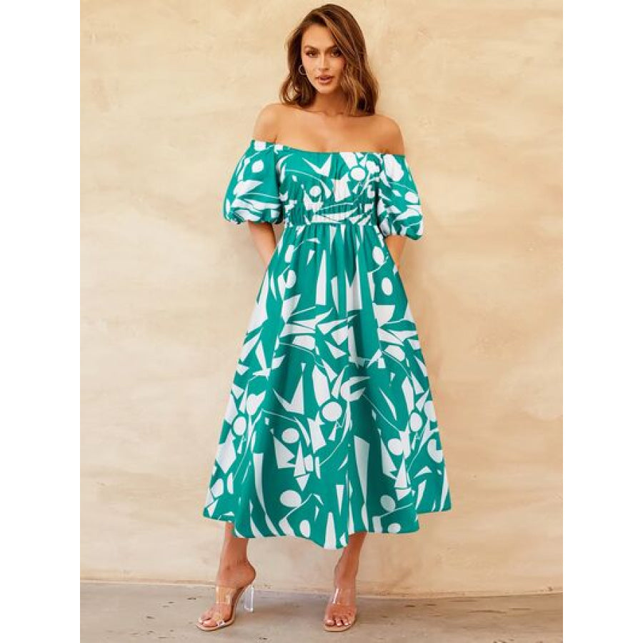 Printed Off - Shoulder Balloon Sleeve Dress Turquoise / S Apparel and Accessories