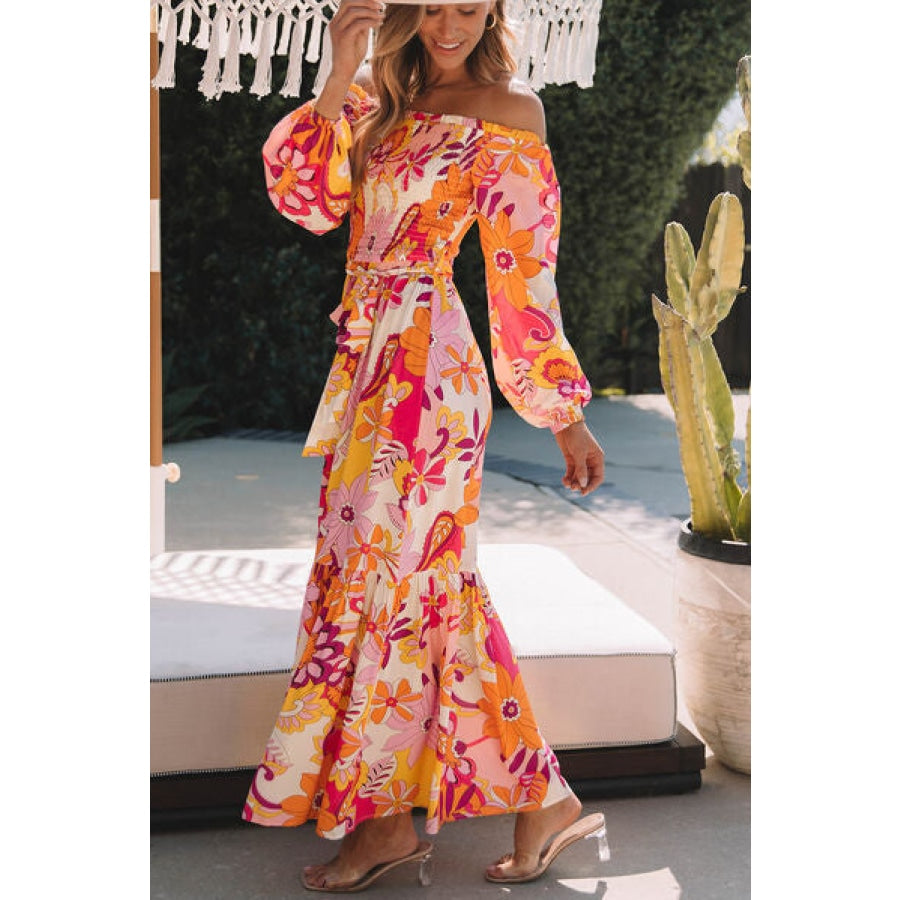 Printed Off-Shoulder Balloon Sleeve Maxi Dress Tangerine / S Clothing