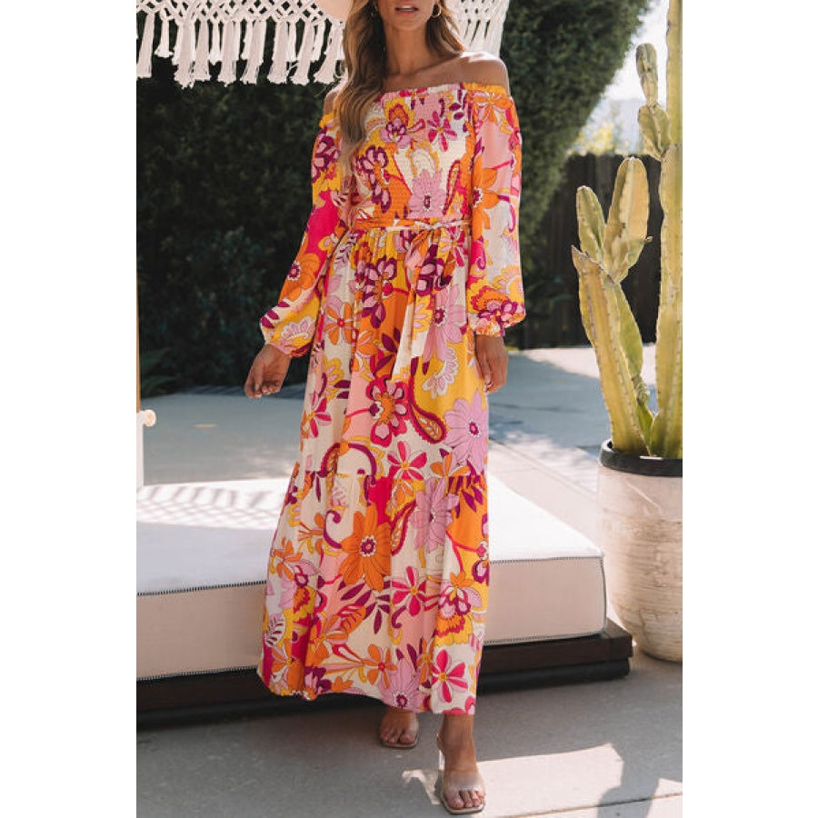 Printed Off-Shoulder Balloon Sleeve Maxi Dress Tangerine / S Clothing
