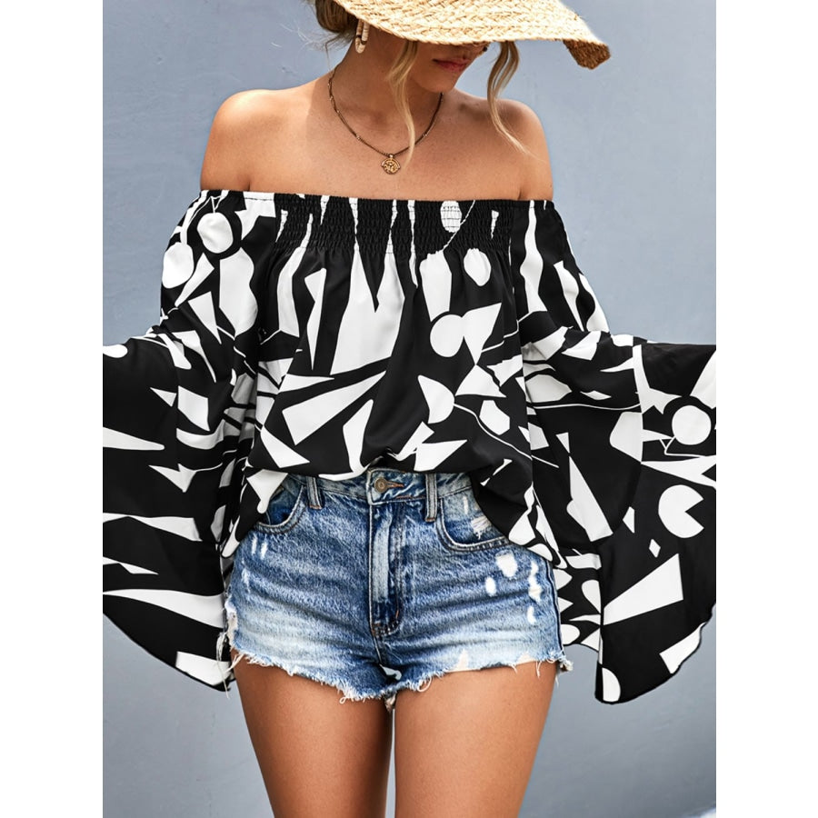 Printed Off-Shoulder Bell Sleeve Blouse Black / S