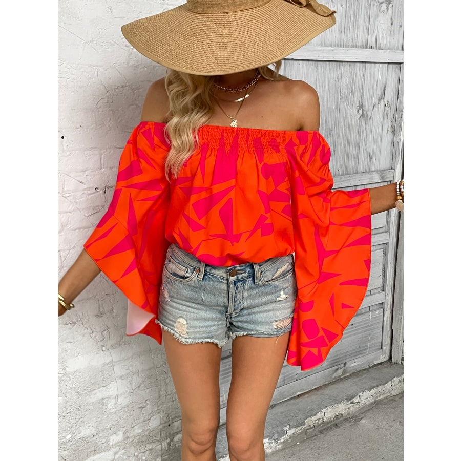 Printed Off-Shoulder Bell Sleeve Blouse Orange / S