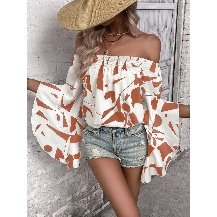 Printed Off-Shoulder Bell Sleeve Blouse Red Orange / S