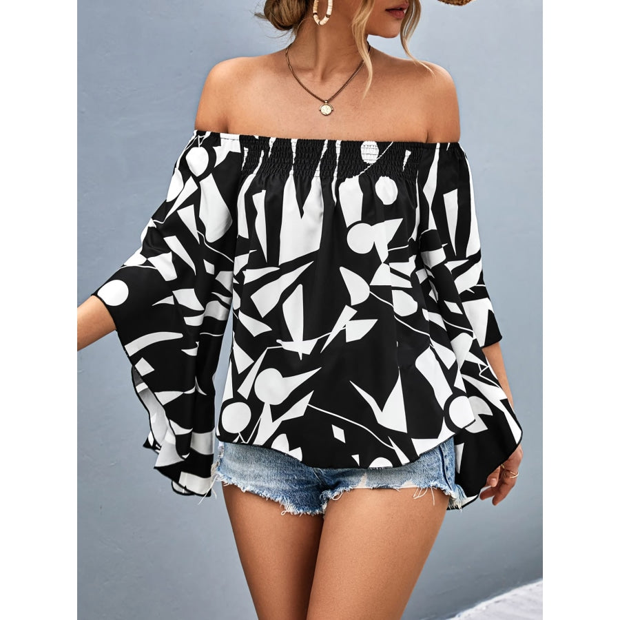 Printed Off-Shoulder Bell Sleeve Blouse